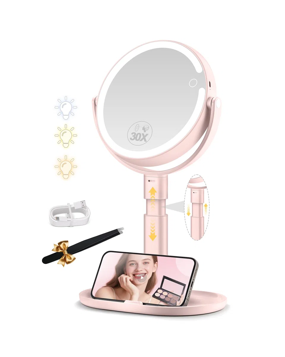 MOMOKUBA Specchio cosmetico con illuminazione, specchio da trucco con illuminazione, regolabile in altezza, specchio ingranditore con luce 20 volte, girevole a 360°, 3 colori rotondi con luce rosa