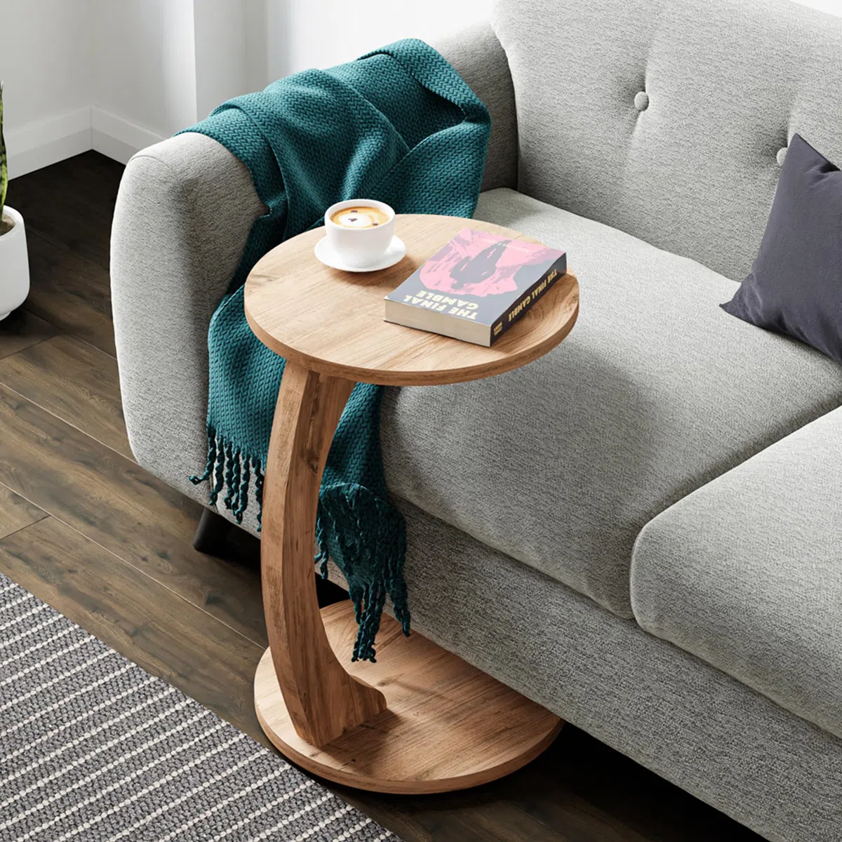 [en.casa] Tavolino da Divano (AxØ) 56 x 38 cm Tavolino Basso a Forma di C - Consolle con 4 Rotelle e Piano Rotondo - Effetto Legno