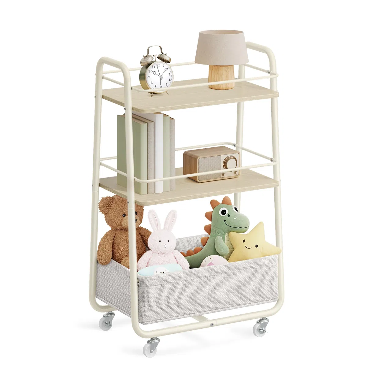 VASAGLE LILEA Collezione - Carrello Portaoggetti con Cesto in Tessuto, Carrello a 3 Ripiani con Ruote, Carrellino per Soggiorno Camera da Letto Cucina, Beige Naturale e Bianco Crema LRC001LL02