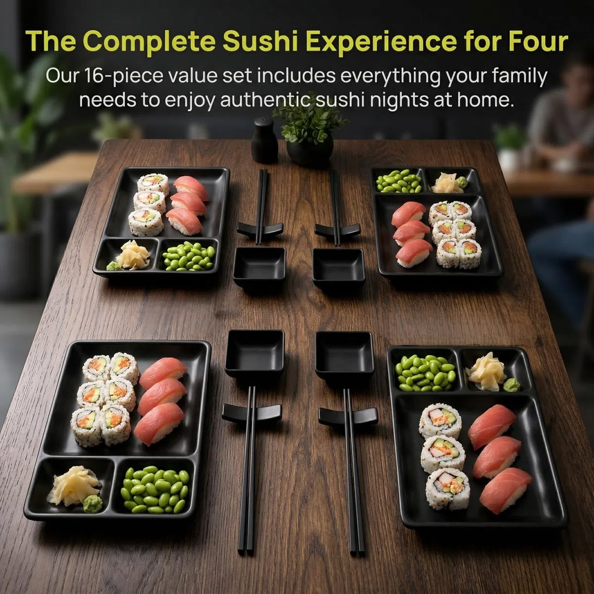 Pumtus Set di piatti giapponesi per sushi, 16 pezzi, in melamina, set di stoviglie per sushi, include 4 piatti da portata per sushi, 4 piatti per salsa di soia, 4 paia di bacchette, 4 supporti per