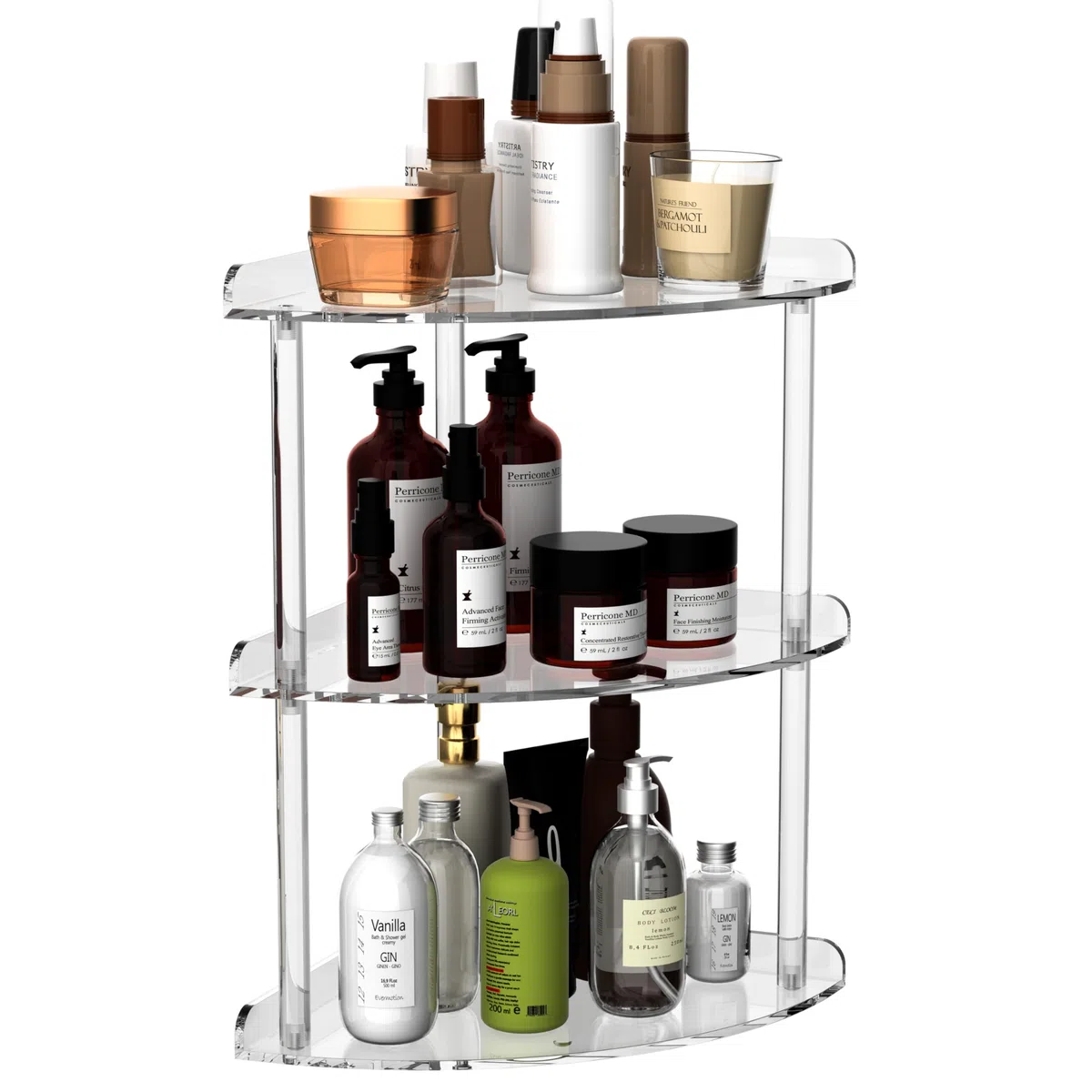 Sezanrpt Organizzatore Scaffale Angolare in Acrilico a 3 Ripiani per Contenimento 24 x 24 x 40 cm, Mensola Angolare Trasparente da Bancone per Bagno, Cucina, Camera da Letto, Ufficio, Studio