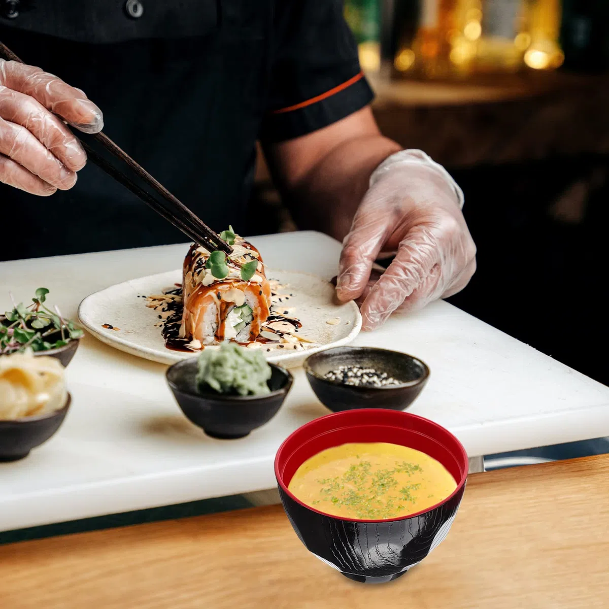 DOITOOL 1 set di ciotole per zuppa di miso giapponese con coperchio e cucchiaio, ciotola da portata di alta qualità per zuppa di miso, riso e antipasti, design facile da usare per cucina e ristorante