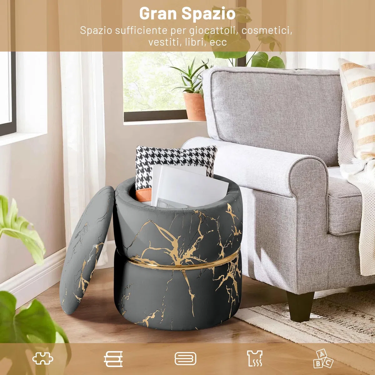 Set 2 Sgabelli Contenitori Rotondi con Seduta Imbottita, Poggiapiedi, Sgabello per Toeletta Trucco, Grigio Velluto