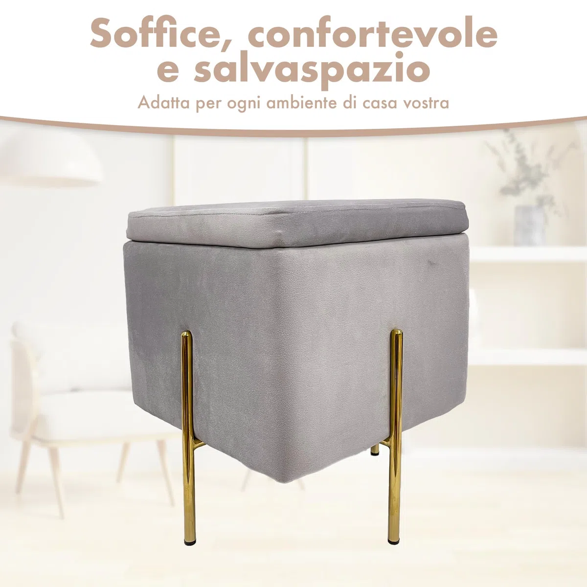 IlGruppone Pouf Contenitore in Velluto con Gambe in Metallo Oro – Poggiapiedi Moderno ed Elegante per Soggiorno, Camera e Ingresso - Grigio