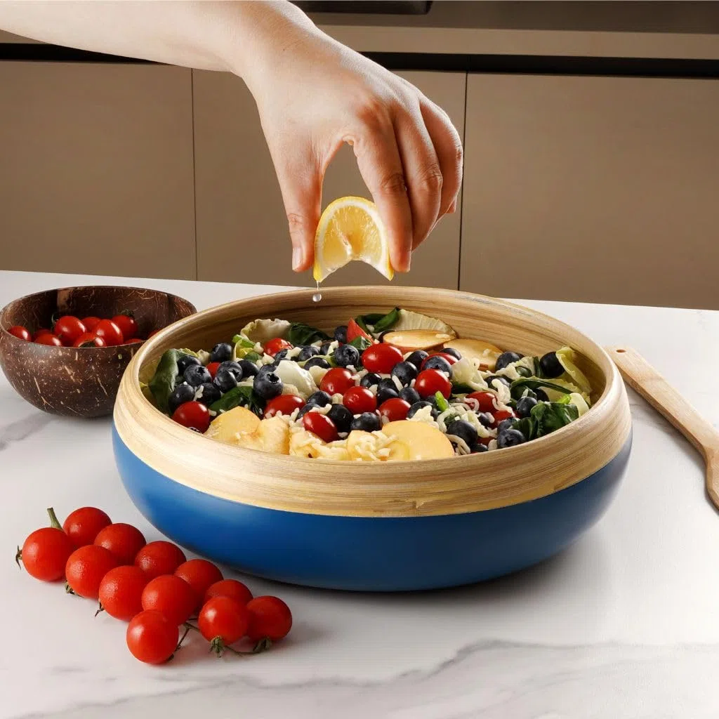 Jungle Culture Grande ciotola per frutta in bambù • Ciotoline per insalata in legno rispettose dell'ambiente • Elegante ciotola per frutta o insalata fatta a mano in blu • Cestino per il pane in legno