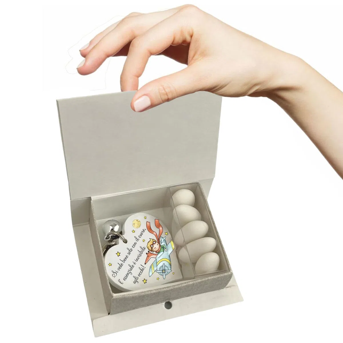 Regalami.shop 6 portachiavi con scatola, nastrino, bigliettino e portaconfetti Bomboniera Piccolo Principe per Battesimo, Comunione, Party, Regalo (6 portachiavi con scatola)