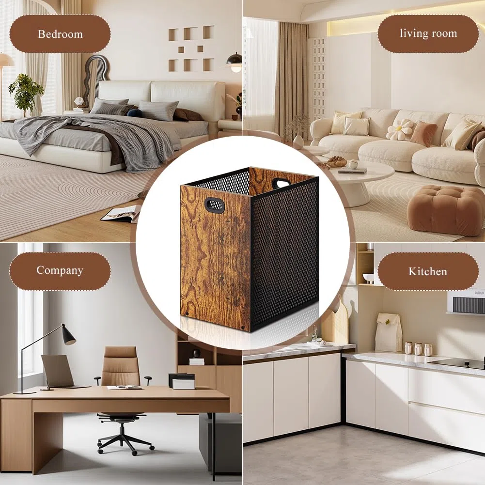 Cestino per la Spazzatura in Legno, 16,8 l, Grande con Design Retrò, per Camera da Letto e Ufficio, Griglia in Ferro con Manico, 28 x 20 x 30 cm