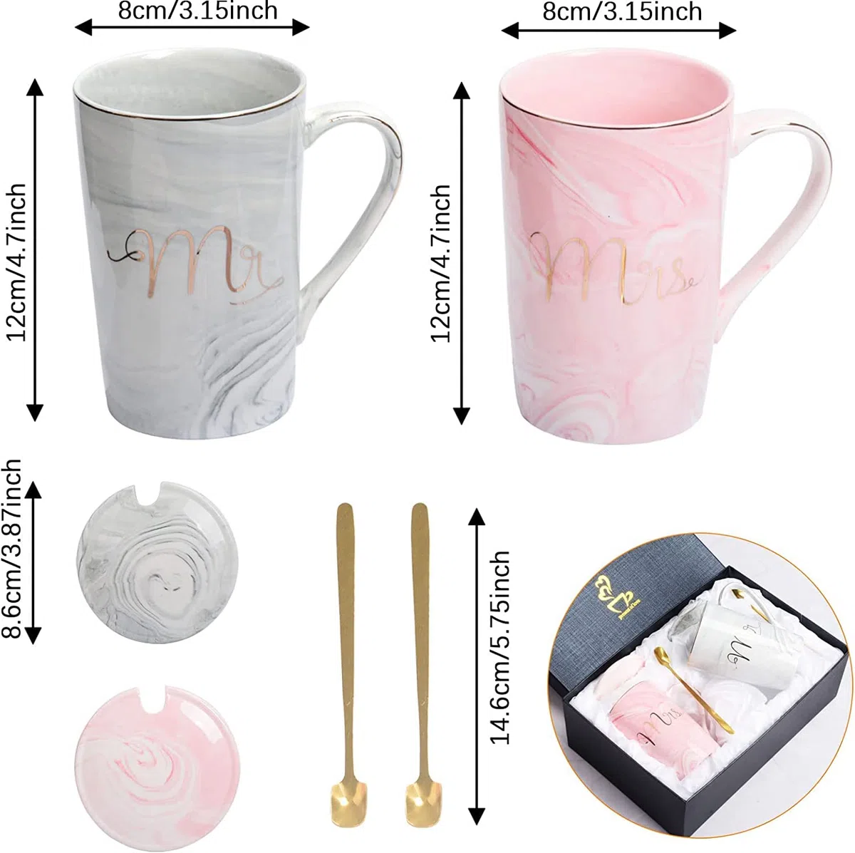 Atoke Mr and Mrs Tazze di Ceramica con Coperchio e Cucchiaio,14 oz Tazze Grandi Tazza di Ceramica per San Valentino,Coppia Sposa Sposo Anniversario Nozze Natale Compleanno Regalo