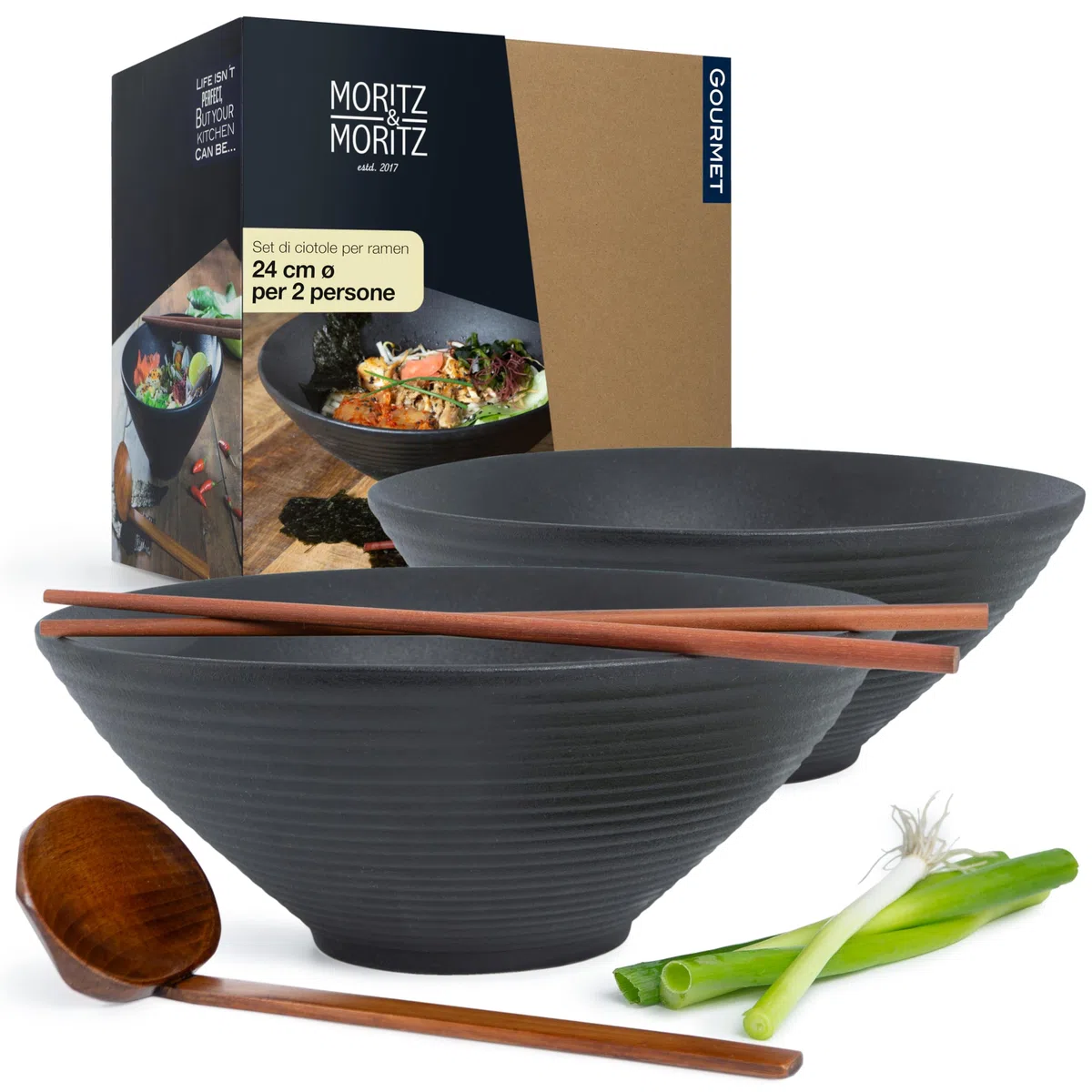 Moritz & Moritz 2 ciotole Ramen in ceramica, da 800 a 1300 ml, diametro 24 cm, set per 2 persone, per zuppa, pho e sushi, con bastoncini e cucchiai