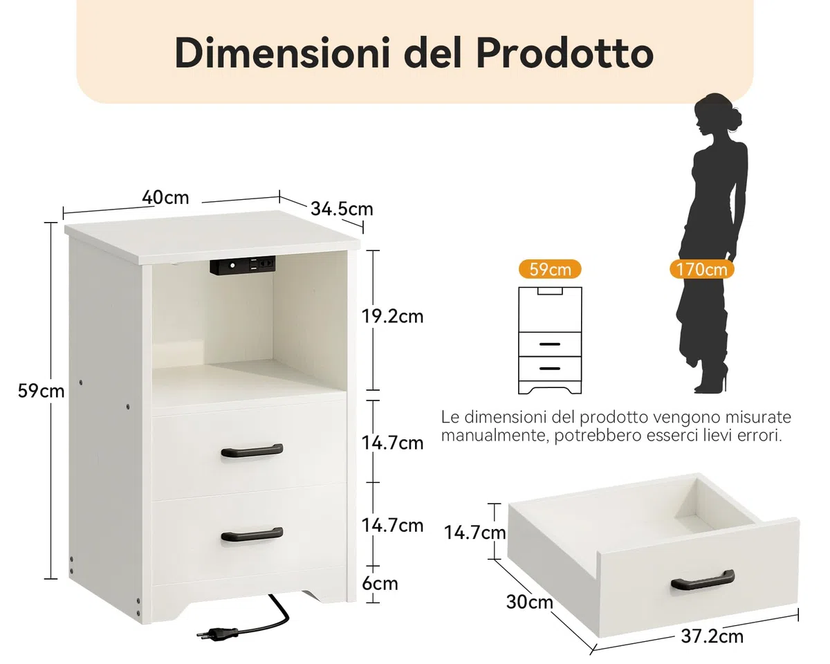 Coleshome Comodino Camera da Letto, Comodini con 2 Prese e 2 porte USB, con LED a 10 Colori, Comodino Bianco con 2 Cassetti in Legno e uno Spazio di Archiviazione, 1 Confezione