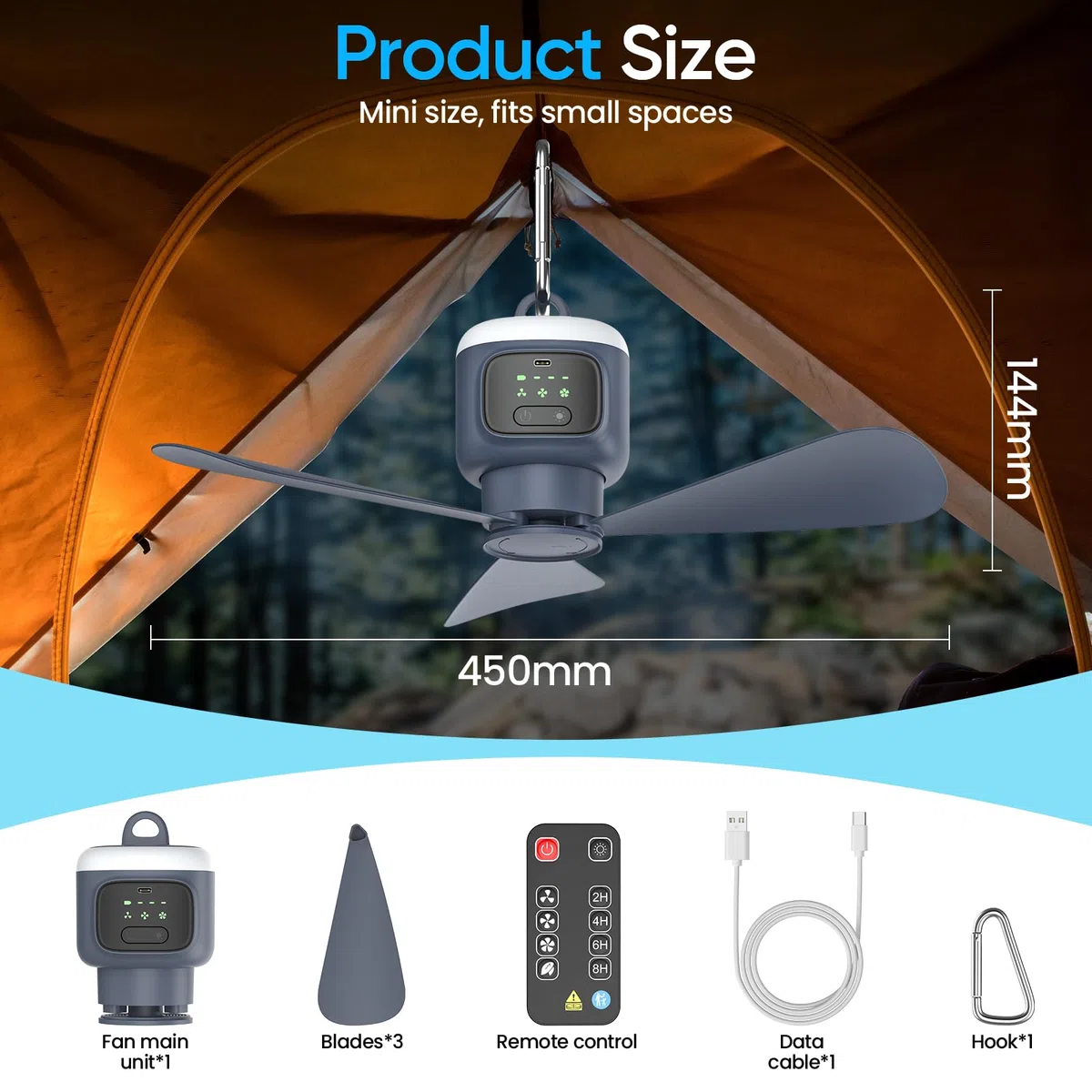 Ventilatore da campeggio portatile da 12000 mAh, con illuminazione, campeggio, USB, 4 velocità e timer da 2 a 8 ore, per tenda, gazebo, camper, camera da letto