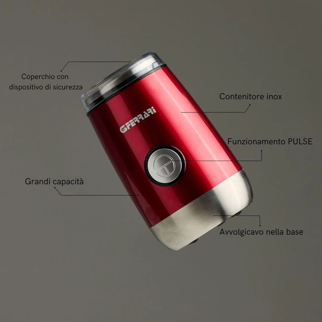 G3 Ferrari G20076 CafExpress Macinacaffè,150 W, Sistema di blocco, macina spezie e caffè, 50 gr, Funzionamento Pulse, Lame INOX, Rosso