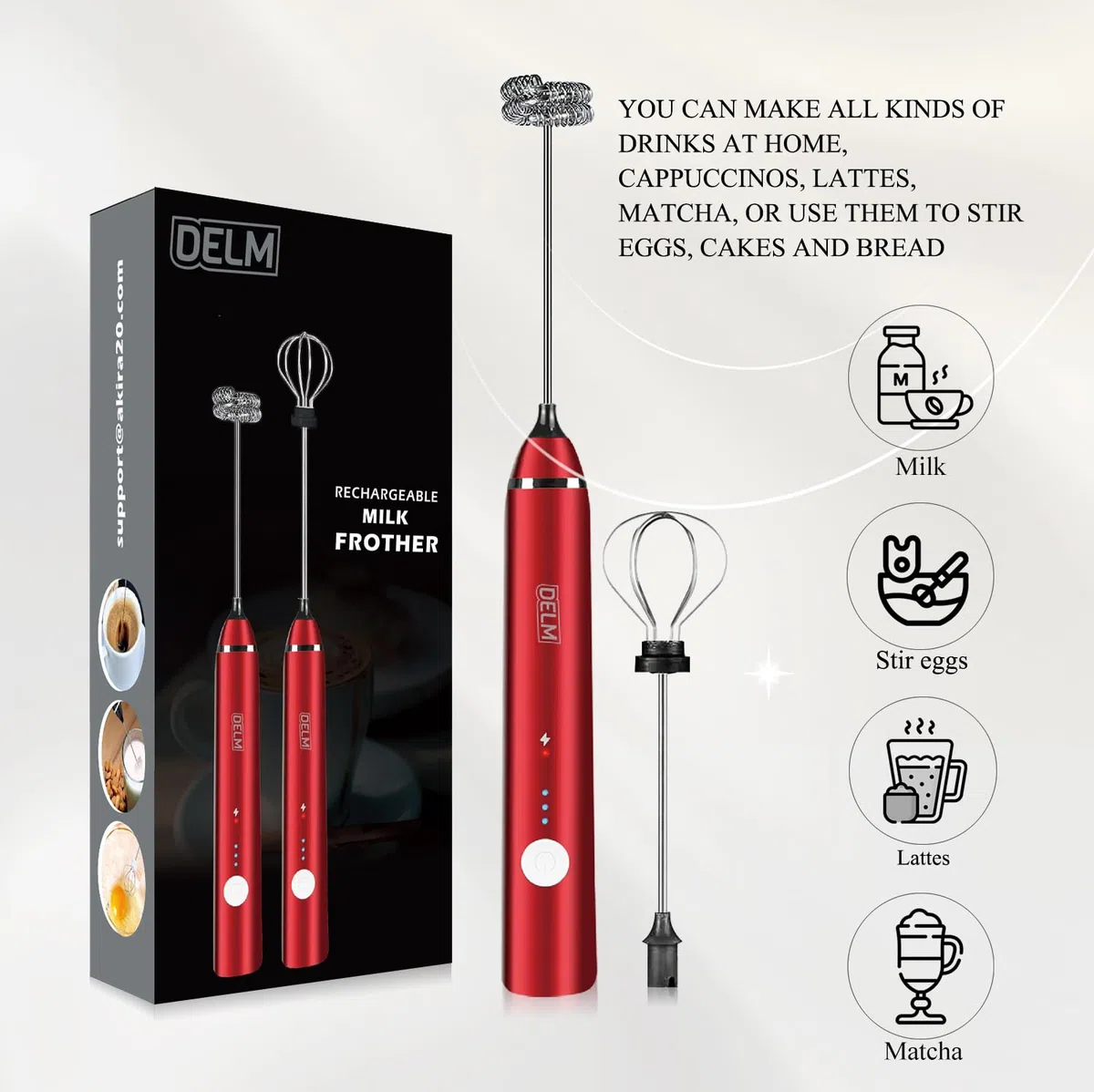 Delm Montalatte elettrico USB Accessori Frullatore in acciaio inossidabile (rosso)