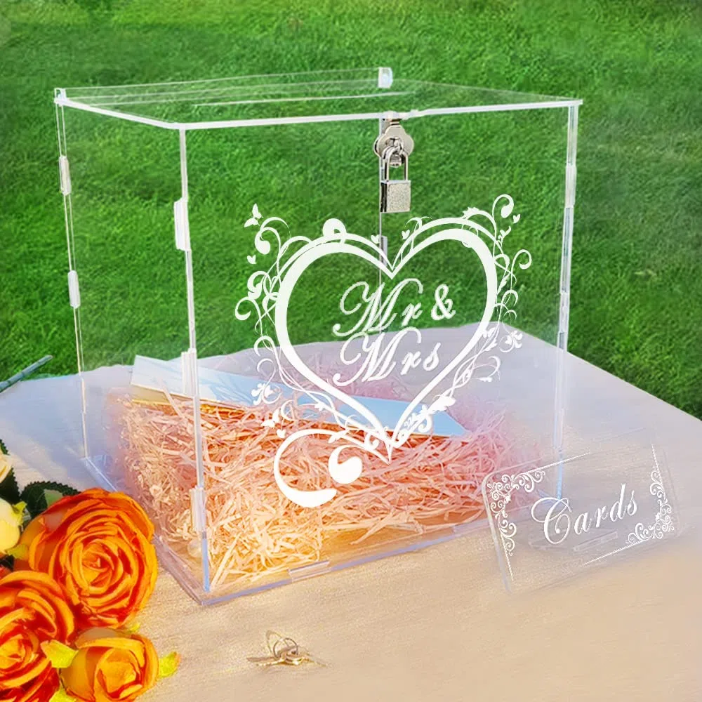 Jolik Grande Acrilico Scatola di Carta di Nozze Con Serratura e Slot per Buste Regalo - per Matrimonio, Anniversario, Festa di Compleanno (Trasparente)