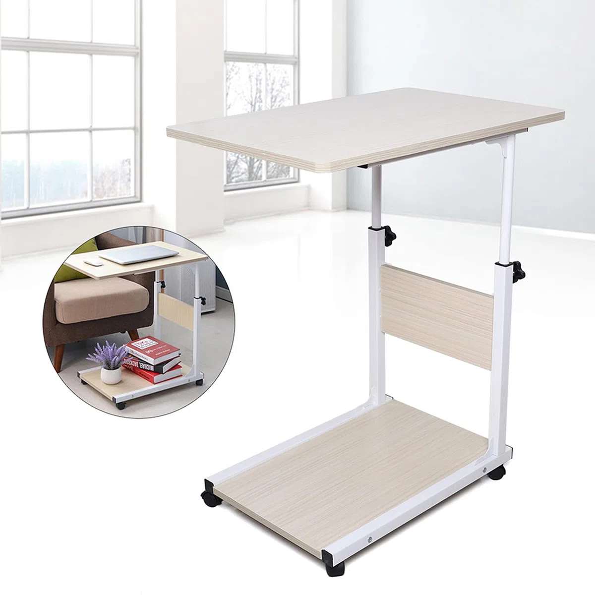 Tavolino regolabile in altezza con ruote, tavolino da letto, tavolo per computer, comodino per soggiorno, camera da letto, acero bianco