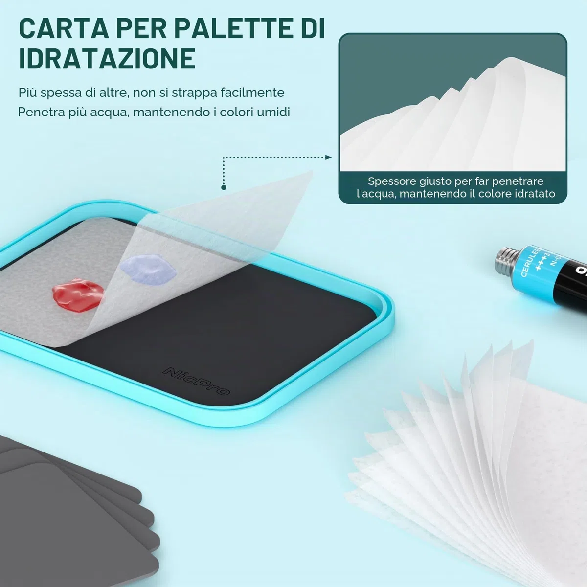 Nicpro tavolozza per dipingere per pittura acrilica, palette con 100 fogli di carta, 4 spugna, portapennelli, wet palette per miscelazione della vernice, per modelli in miniatura(blu)
