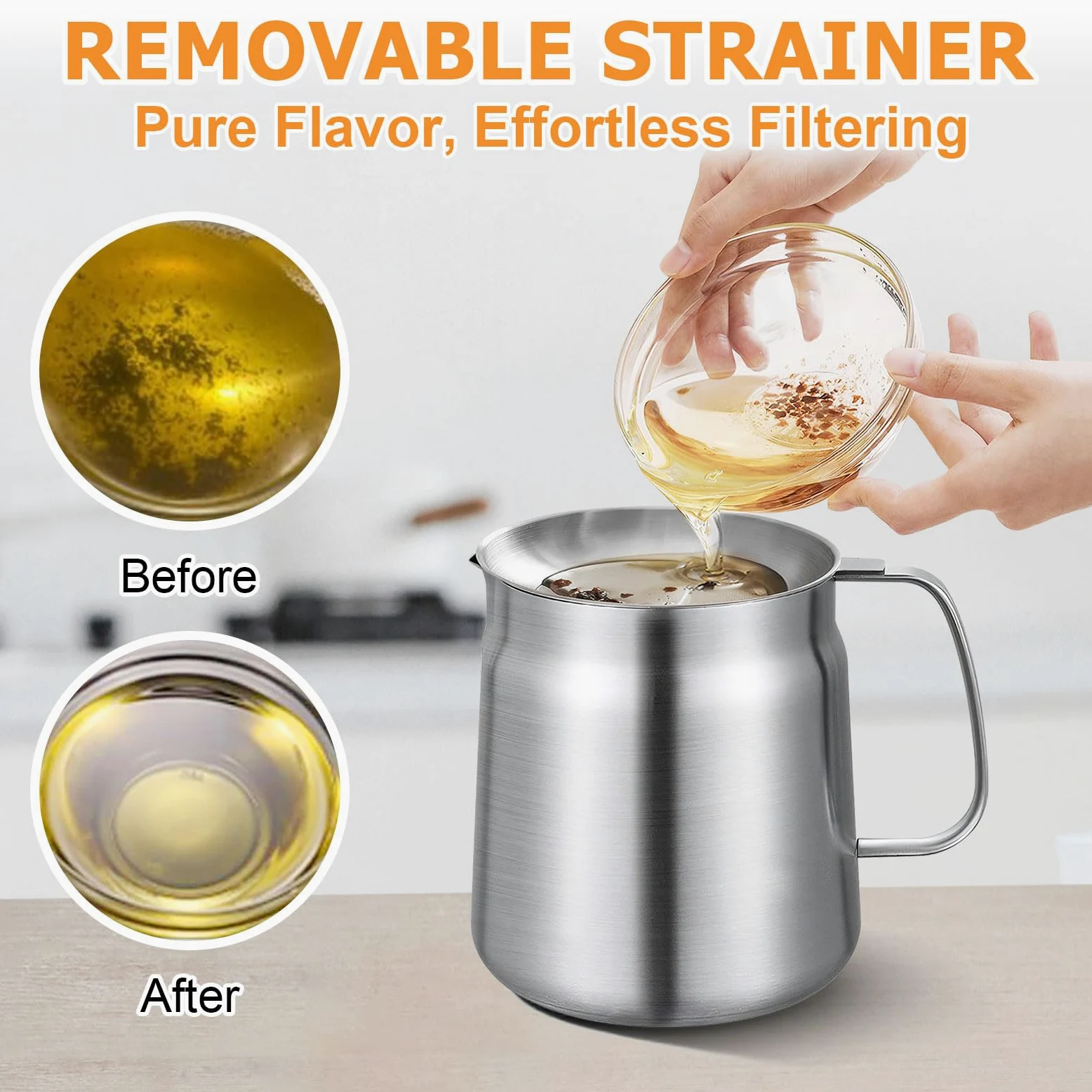 Filtro dell'olio in acciaio inossidabile 304 con cestello filtrante e rete, grasso per friggere e cucinare per stufe a gas e stufe in ceramica (2L)