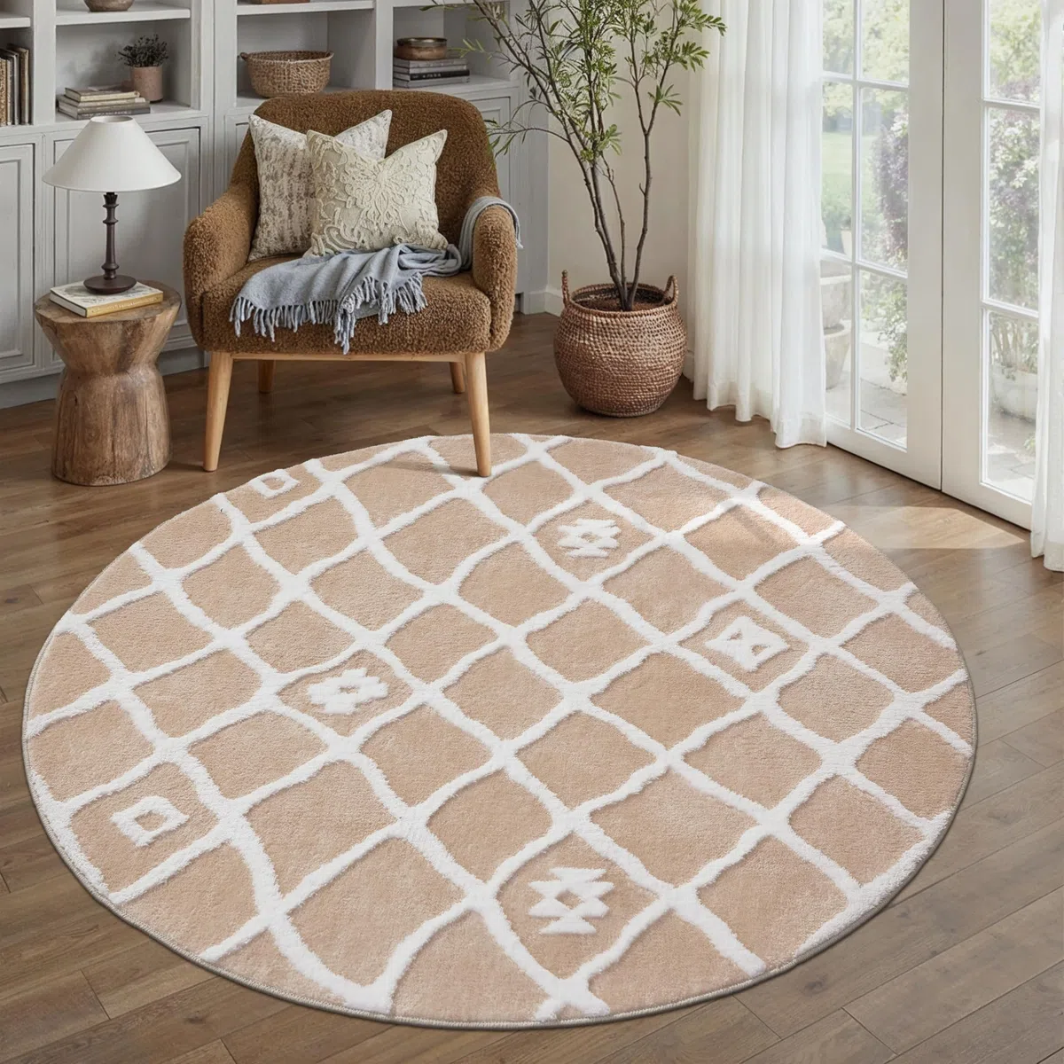 PureCozy Tappeto Rotondo Salotto 120cm Beige Antiscivolo Lavabile Grande Camera da Letto Tappeti 3D Geometrico Moderno Carpet Sala Soggiorno Cameretta Bambino Pelo Corto Rug