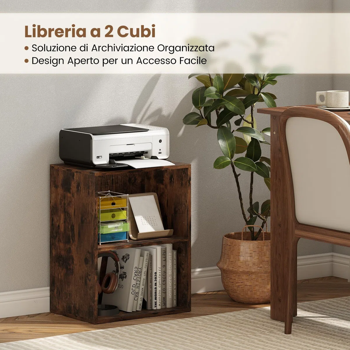 COSTWAY Libreria a 2 Ripiani Aperti, Libreria da Terra con Ripiano Regolabile a 5 Posizioni, Espositore con Tappetini Antiscivolo per Libri Riviste e Dischi, 42x29,5x53,5 cm (Marrone)