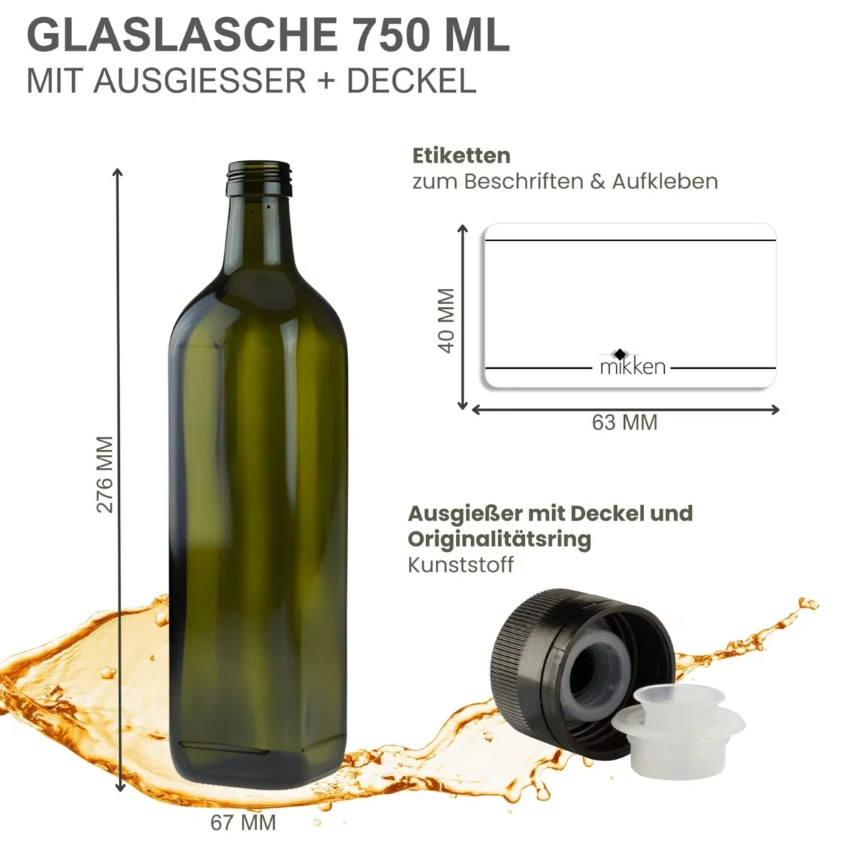 mikken 6 x bottiglie di olio da 750 ml con erogatore verde/marrone con dosatore ed etichette