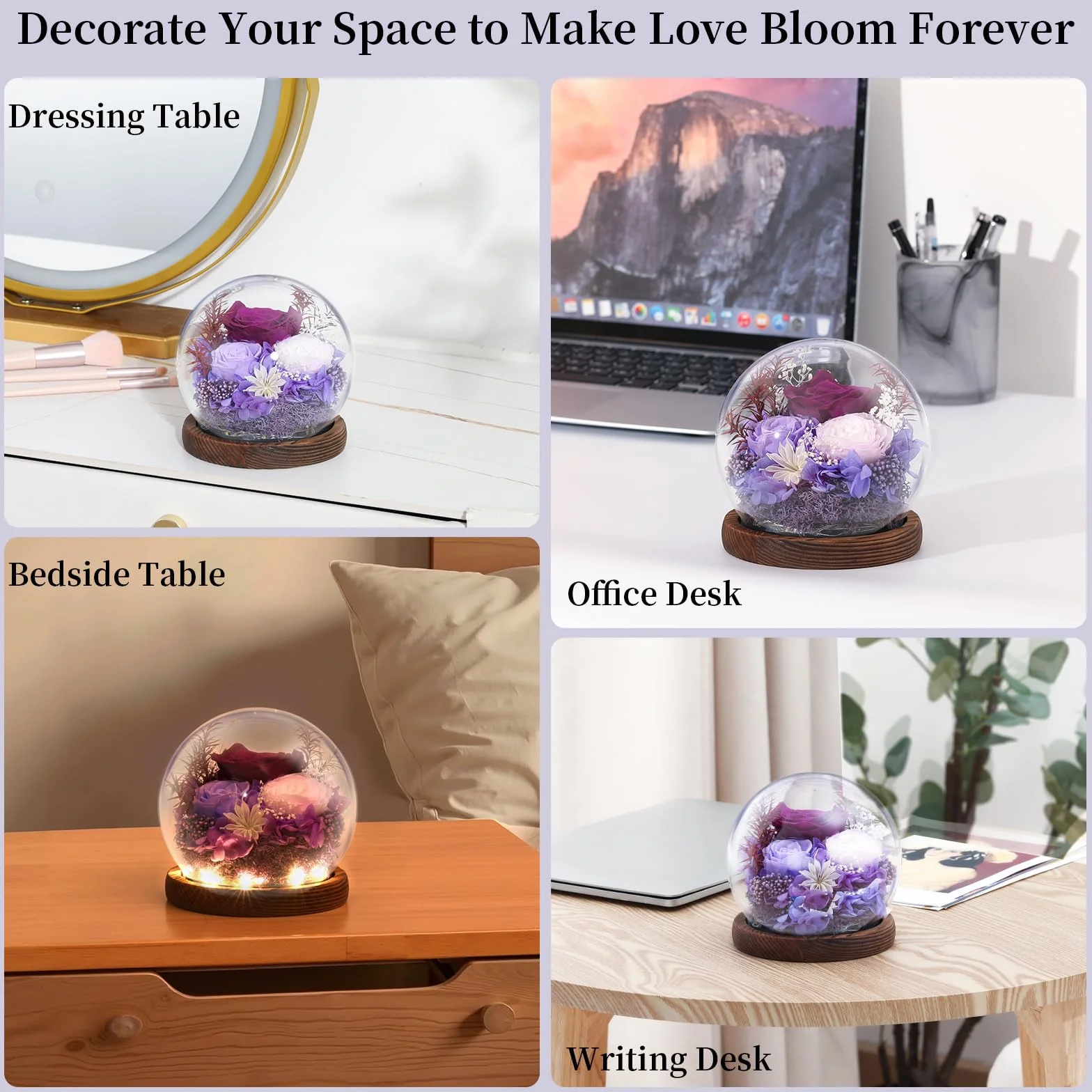 Emibele Regalo Rosa Eterna per la Festa della Mamma, Rosa Reale Conservata in Cupola di Vetro con LED, Fiori per Consegna, Regalo per Donna, Moglie, Compleanno, Anniversario, Viola