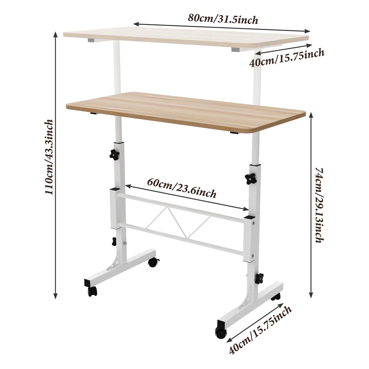 PIPIPOXER 80 x 40 cm, tavolo per computer portatile con ruote, altezza regolabile 69 – 110 cm, tavolo mobile da sopravvento, tavolo girevole a 360, tavolino per divano, legno