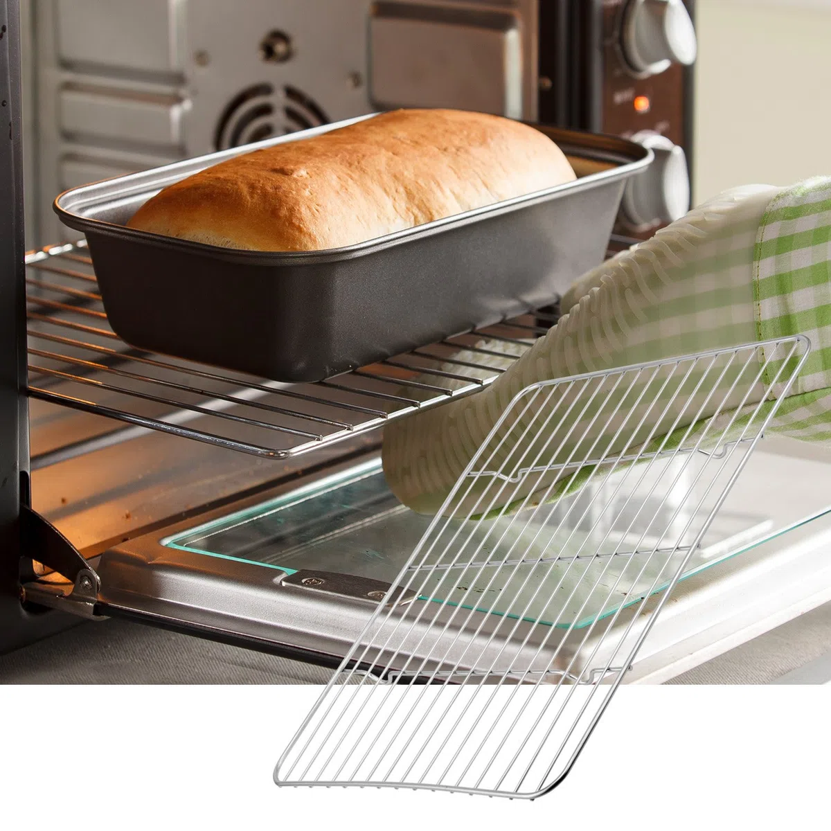Teglia da Forno con Griglia di Raffreddamento in Acciaio Inox, Teglie per Pizza Antiaderente Teglia Rettangolare per Pane, Biscotti, Pizza e Torte, 40,5 x 30,5 x 2.5 cm (1+1)