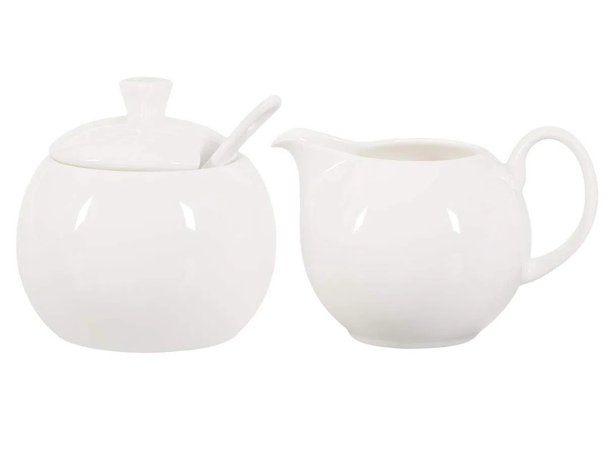 Bricco per latte e zuccheriera, in porcellana fine, colore: bianco