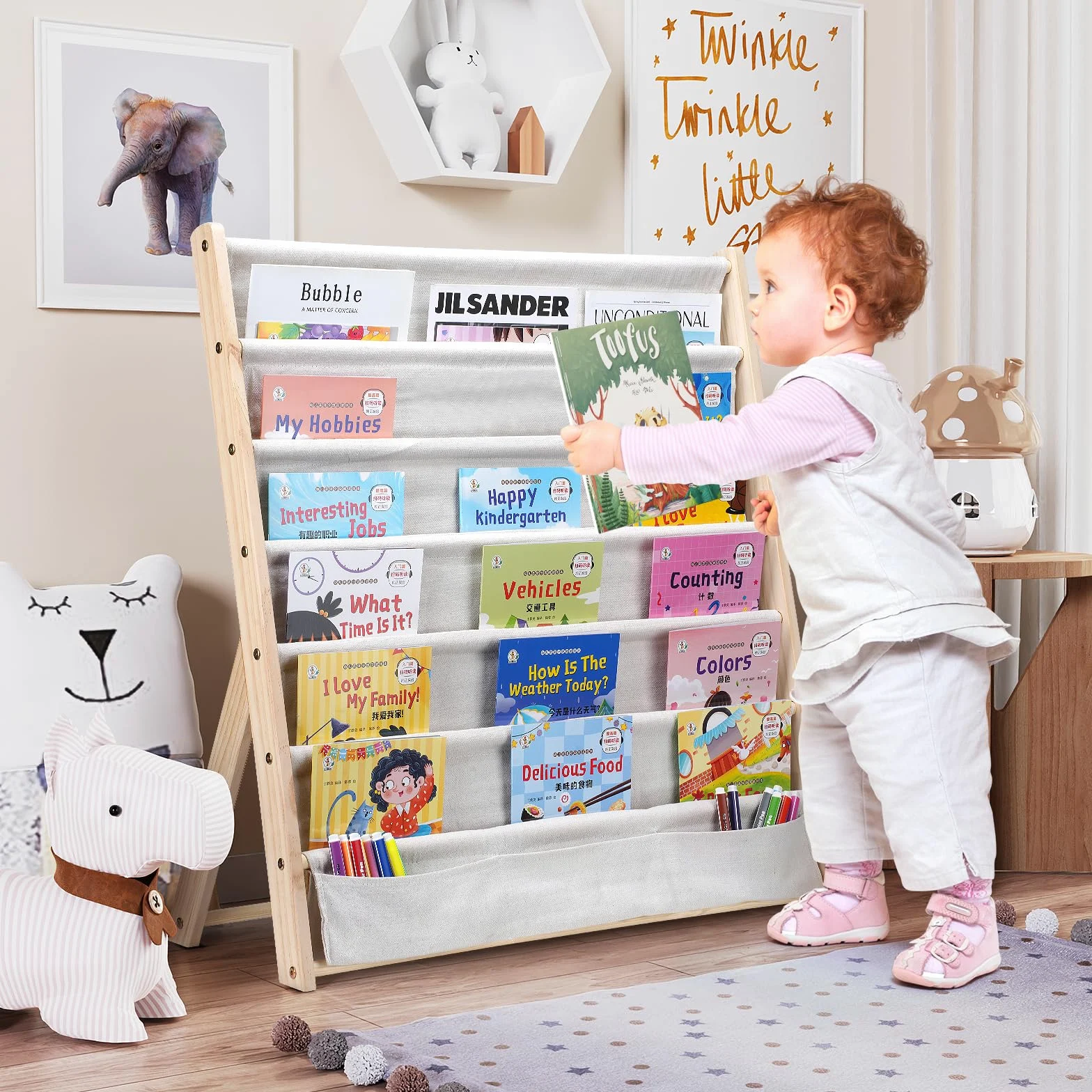 Libreria a 6 ripiani per bambini, facile accesso, in legno, con tasca, per camera da letto e sala giochi (beige)