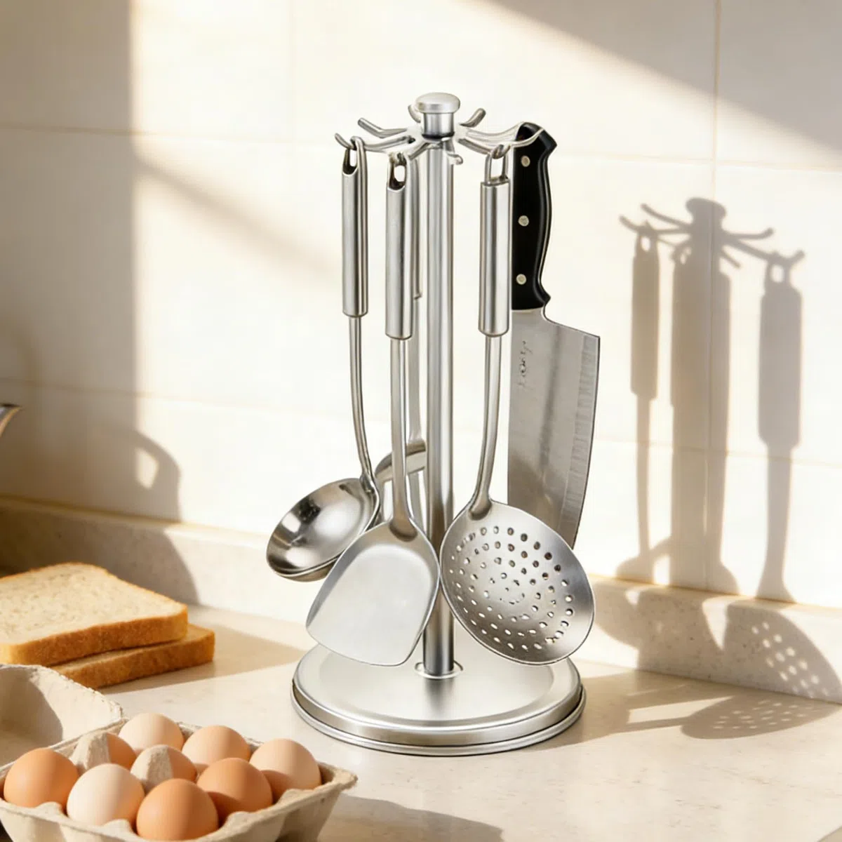 Portautensili Girevole - con 8 Ganci e Supporto Spatola,Supporto Spatole per Cucina da Banco Con Rotazione A 360 Gradi - Per Spatola Mestolo Cucchiaio Casa Ristorante Fattoria Scrivania Cassetto