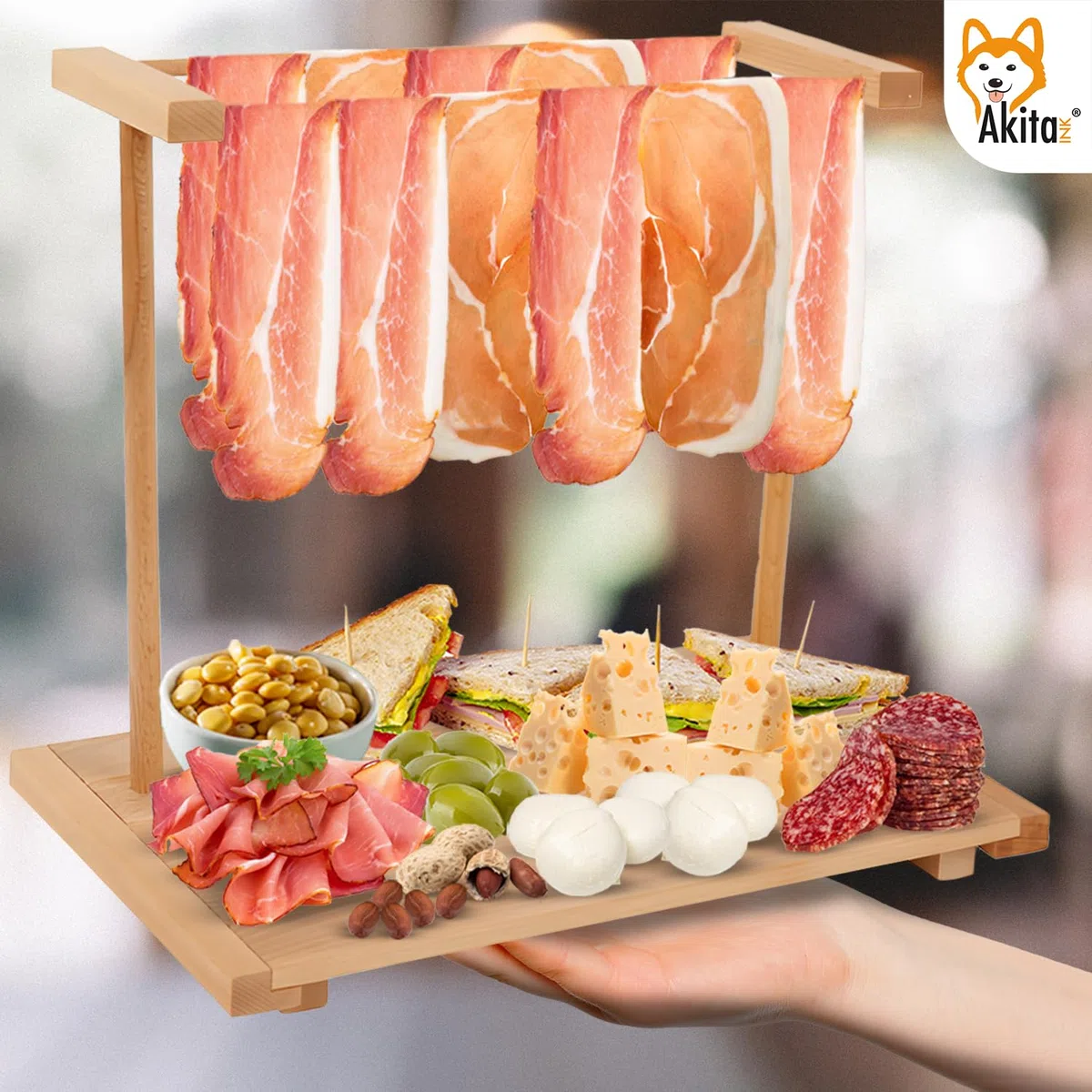 AKITAInk Tagliere per Aperitivo, appendi prosciutto in Legno di faggio, Tagliere con Stand Appendi Affettati, Vassoio per Salumi, Formaggi Ideale per Aperitivi, Apericena Made in Italy (49x27x33 cm)