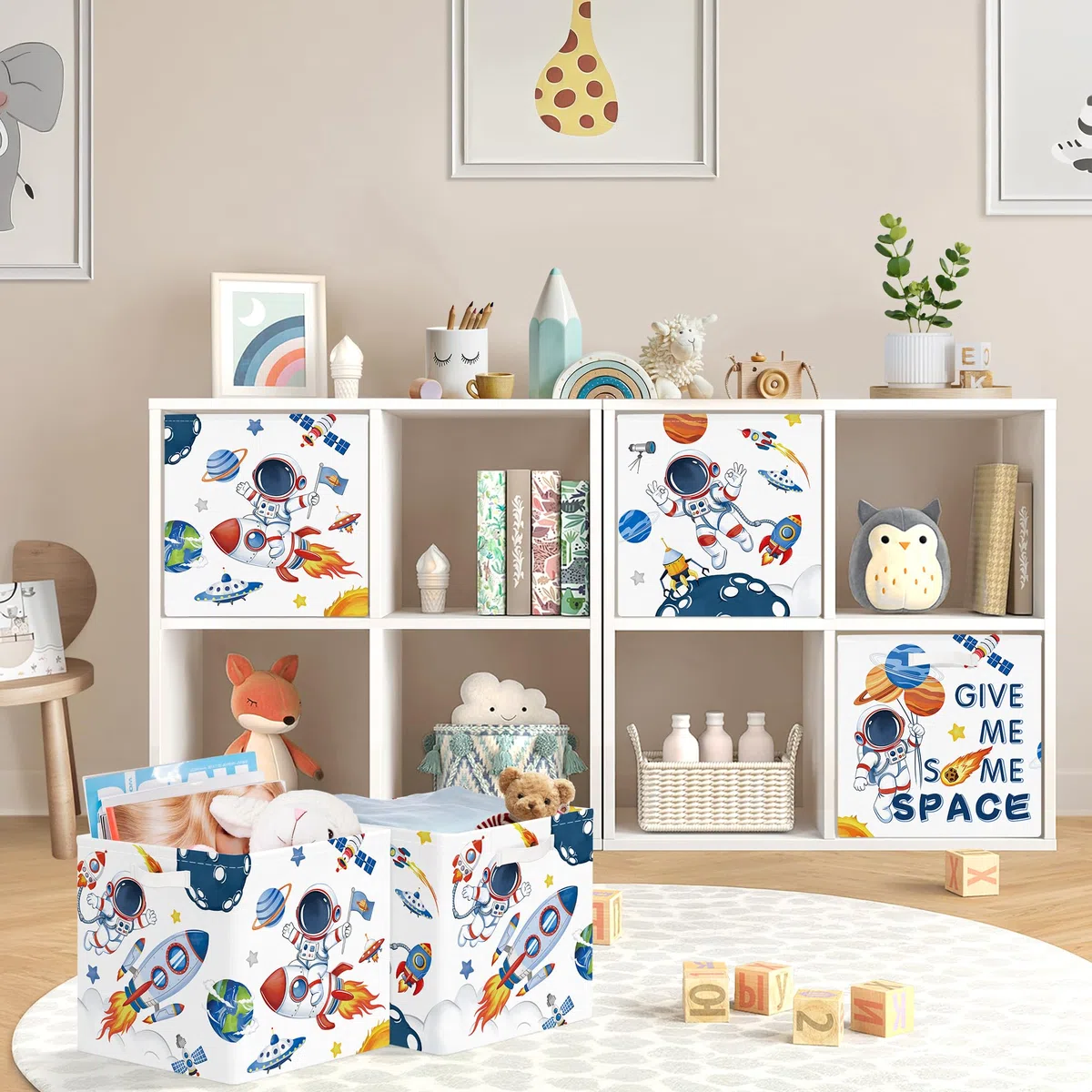 30cm Set di 3 Scatole Portaoggetti Spazio Cosmico Contenitore Porta Giochi Ragazzo Pieghevole Astronauta Cubi Portaoggetti per Libreria Kallax Salotto, Bianco