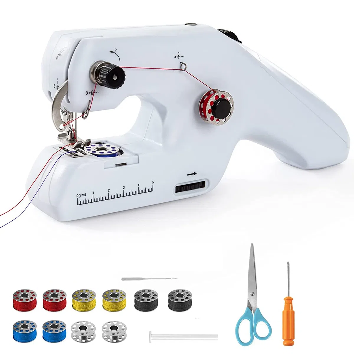 Macchina da cucire elettrica portatile con doppio filo con ago e filo, kit da cucito per principianti e bambini, adatta per abbigliamento e tende