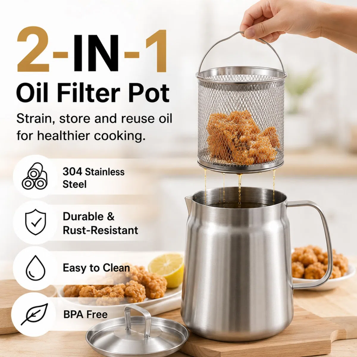 2L Filtro Olio In Acciaio Inox, Contenitore Grasso Bacon con Filtro & Cestello Friggitrice, 2 In 1 Filtro Olio Pot, Colino, Separatore Olio Storage Gadget Da Cucina