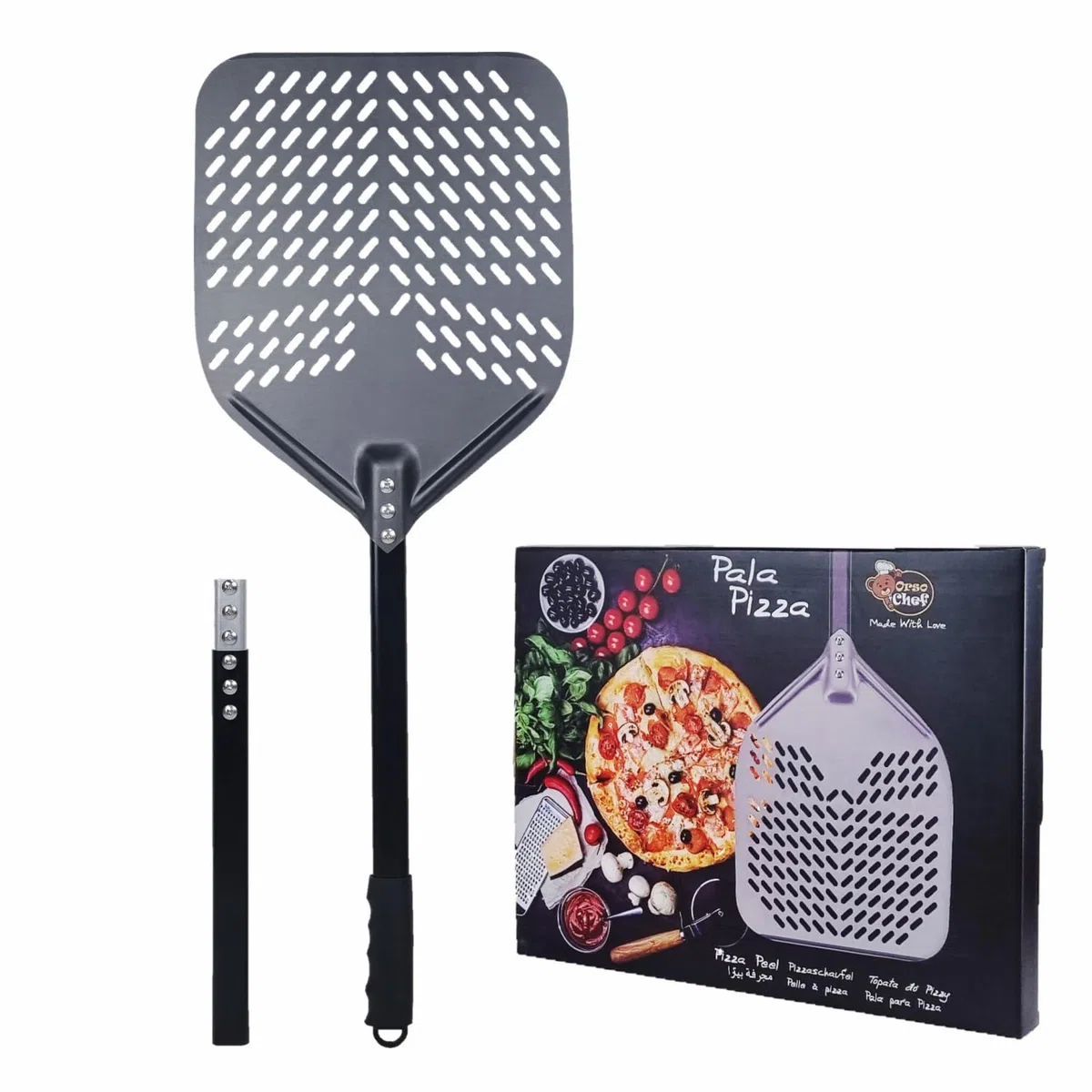 Pala per Pizza doppia misura 79-110 Cm. Pala in Alluminio, Pala pizza forata - Nuova foratura Professionale per infornare pizza pane e focaccia Orso Chef