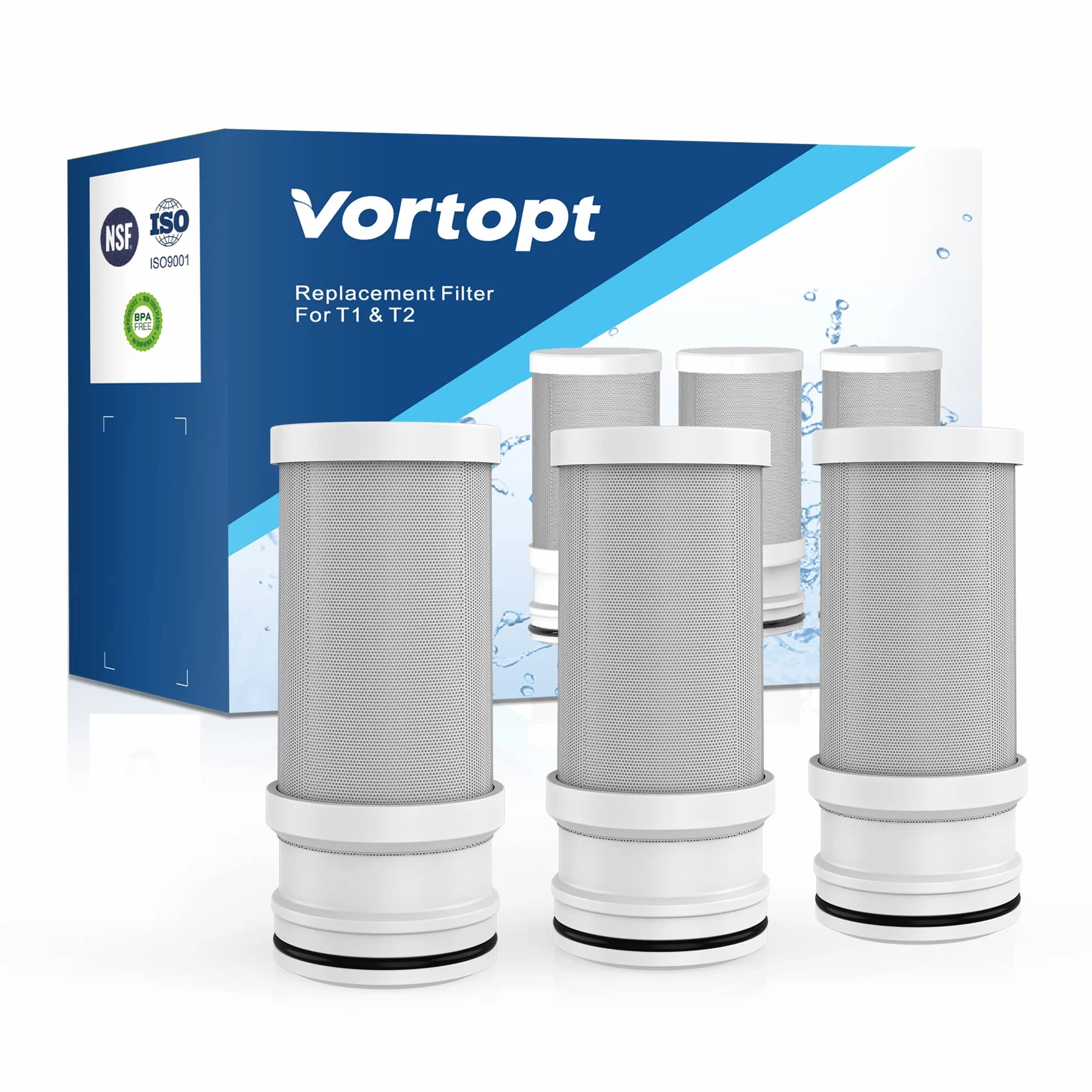 Vortopt Ricambio certificato NSF per acqua rubinetto T1-ACF/T2-ACF, 9-12 mesi di vita, riduce cloro, sapore e odore T1/T2 (confezione da 3)…
