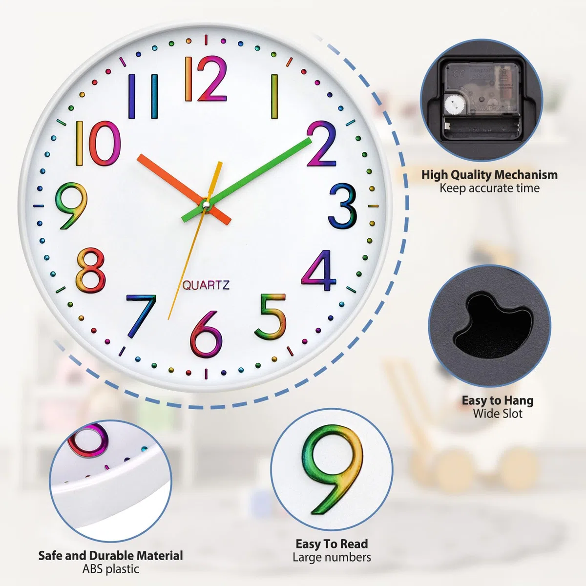 Orologio da Parete per Bambini Orologio per la Camera da Letto, Adatto per la Scuola Quadrante Arcobaleno 30 cm