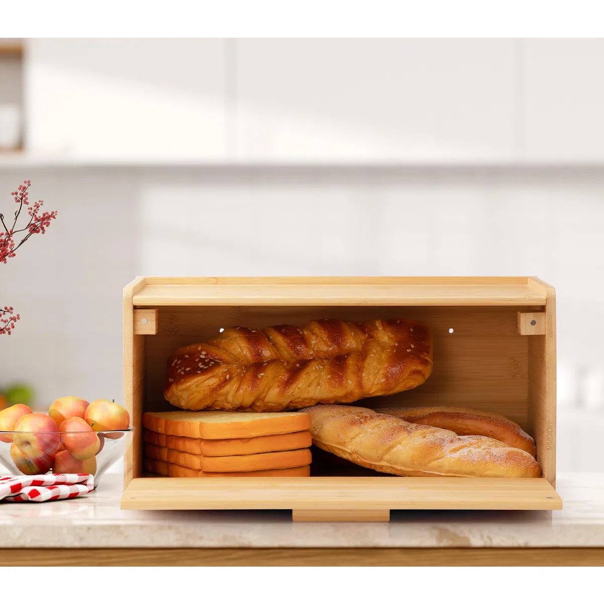 HollyHOME Contenitore per il Pane, Rettangolare Naturale in Bambù, con Coperchio Scorrevole, Portatile e Riutilizzabile
