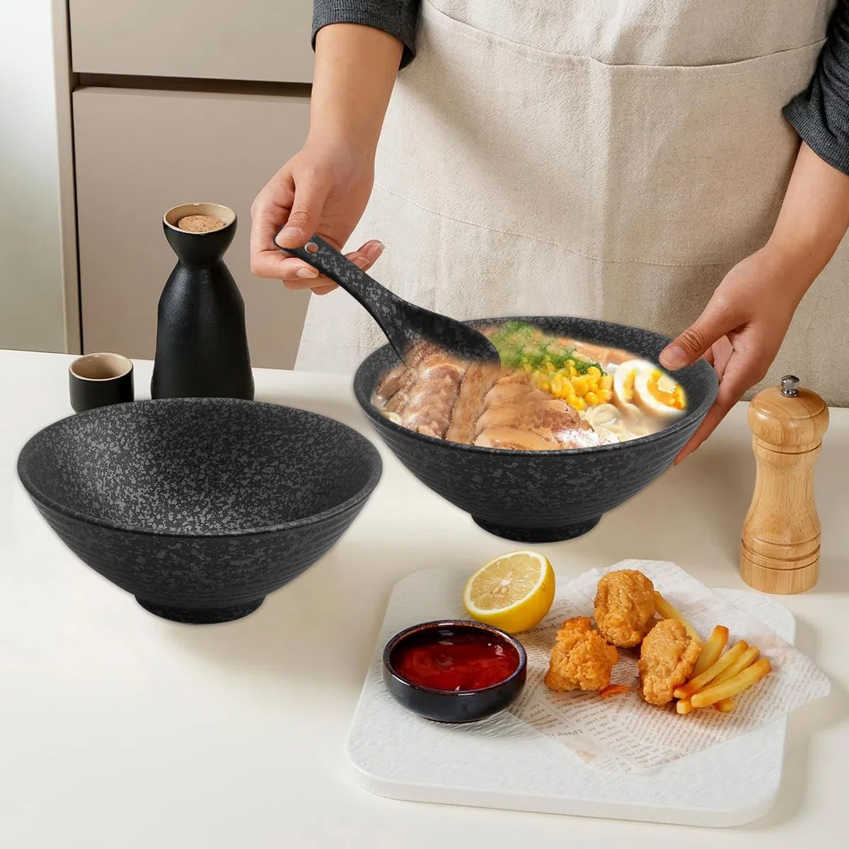 Ramen - Ciotola in ceramica, 2 ciotole da 1200 ml, in ceramica, con bacchette e cucchiai, 2 set di ciotole giapponesi