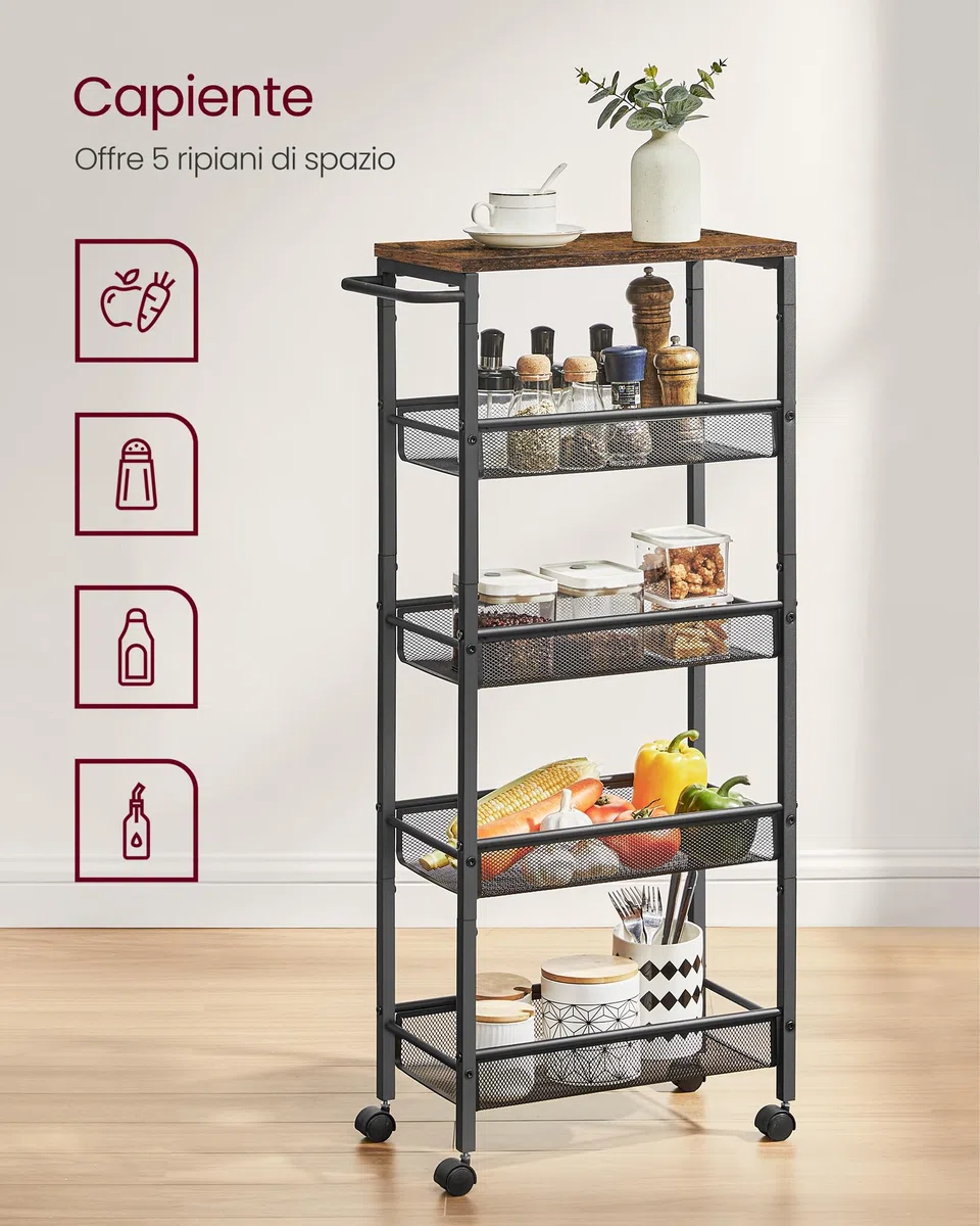 VASAGLE Carrello a 5 Ripiani, Carrello Cucina Salvaspazio con Ruote, Struttura in Acciaio, Maniglia, Carrellino Piccoli Spazi, Bagno Salotto Studio, Marrone Vintage e Nero LRC035B01
