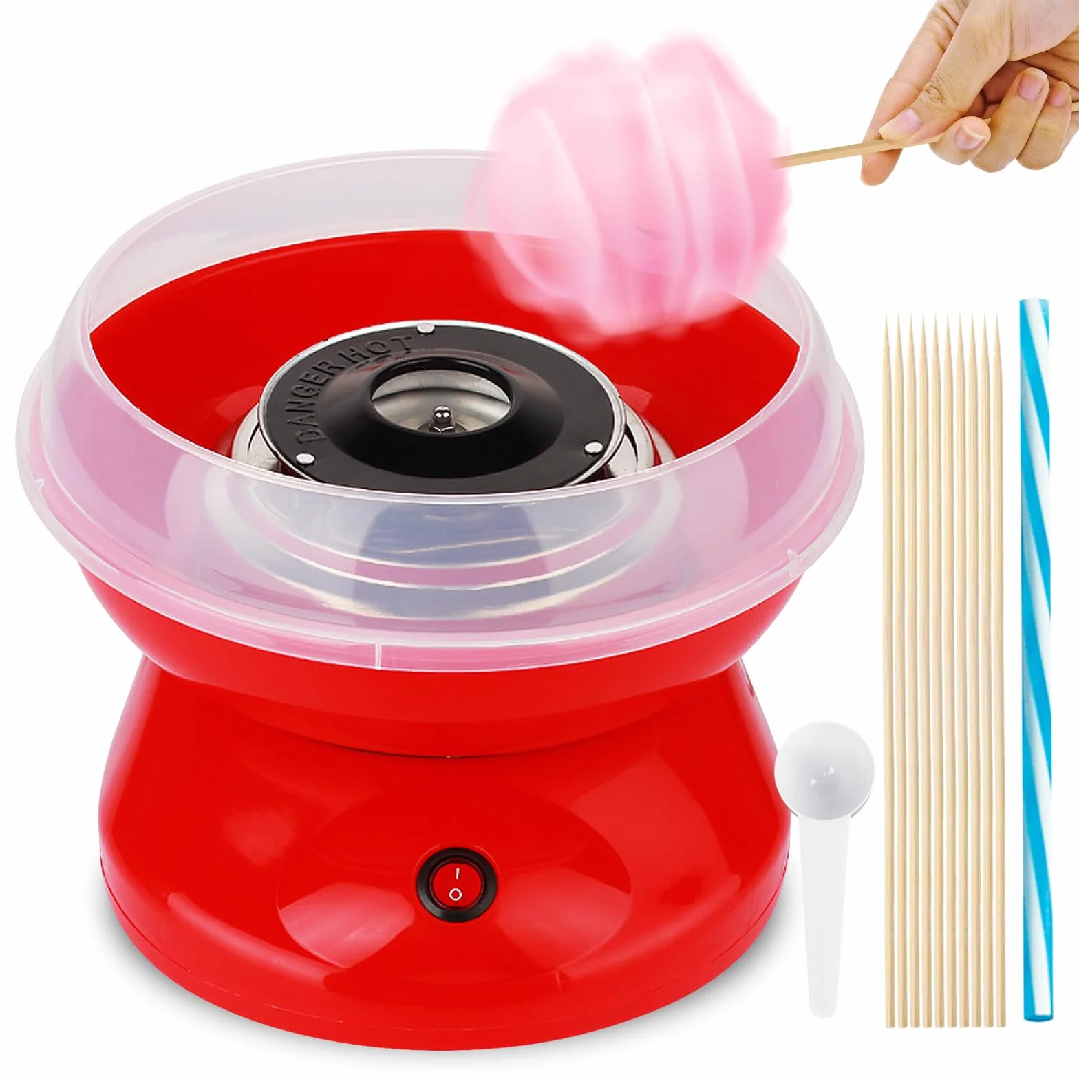 Macchina Zucchero Filato Bambini, Macchina per Zucchero Filato 450w Retrò con Cucchiaio Dosatore e 10 Bastoncini Facile da Usare e Pulire Cotton Candy Machine Ideale per Casa Feste e Compleanni Rosso