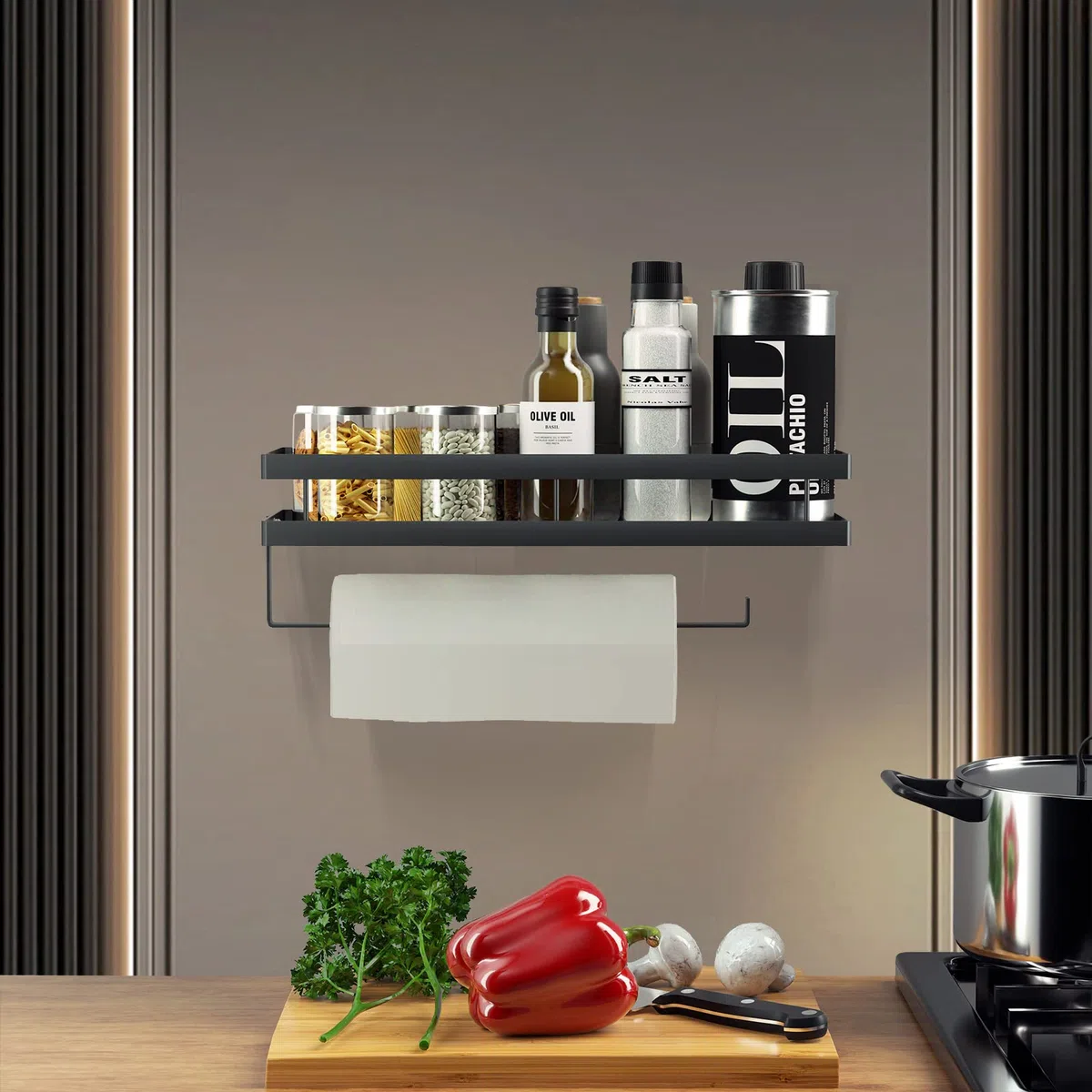 PortaSpezie,porta spezie per cucina, da parete,portaspezie da appendere da appeso con 4 ganci rimovibili,con porta rotolo da cucina, organizer barra portautensili cucina,35 cm,nero