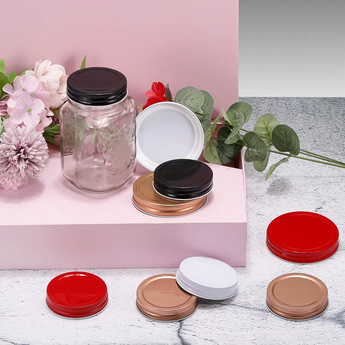 QUARKZMAN 45pz Coperchi per Barattoli Mason Jar, 86mm/3,39" Tappi in Lamiera Stagnata Bocca Regolare Antigoccia per Conservare Alimenti in Cucina, Oro Rosa