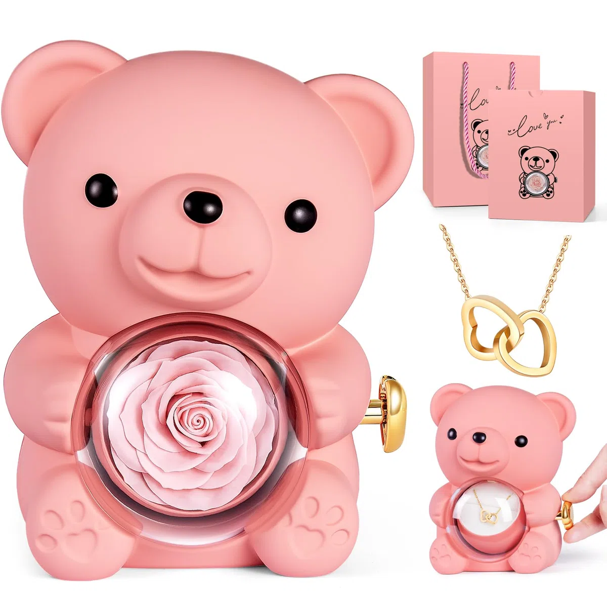 Rosa Eterna Confezione Regalo,Confezione Regalo con Orsetto Rosa Eterna,Orsetto di Stabilizzata Vera Regalo per Donna, Mamma, San Valentino,Natale,Compleanno,Fidanzata