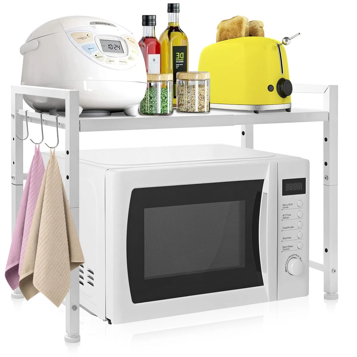 OUUTMEE Scaffale per microonde, supporto per microonde, materiale in acciaio al carbonio, supporto per microonde, piano cucina, stabile e forte, bianco, 2 livelli