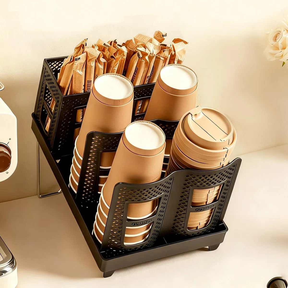 Organizer Angolo Bar per Casa e Ufficio Organizzatore Caffetteria per Bicchieri e Accessori Dispenser da Caffè per Bar Banconi e Sala Relax (Nero)