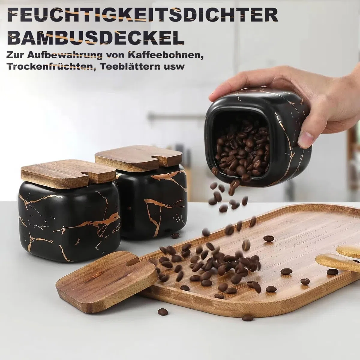Set Zuccheriera in Ceramica, 3 pz Condimento Box con Coperchio e Cucchiaio e Vassoio, Spezia Jar Cucina Scatola Barattolo di Spezie, Utensili da Cucina Forniture per Spezie, Nero