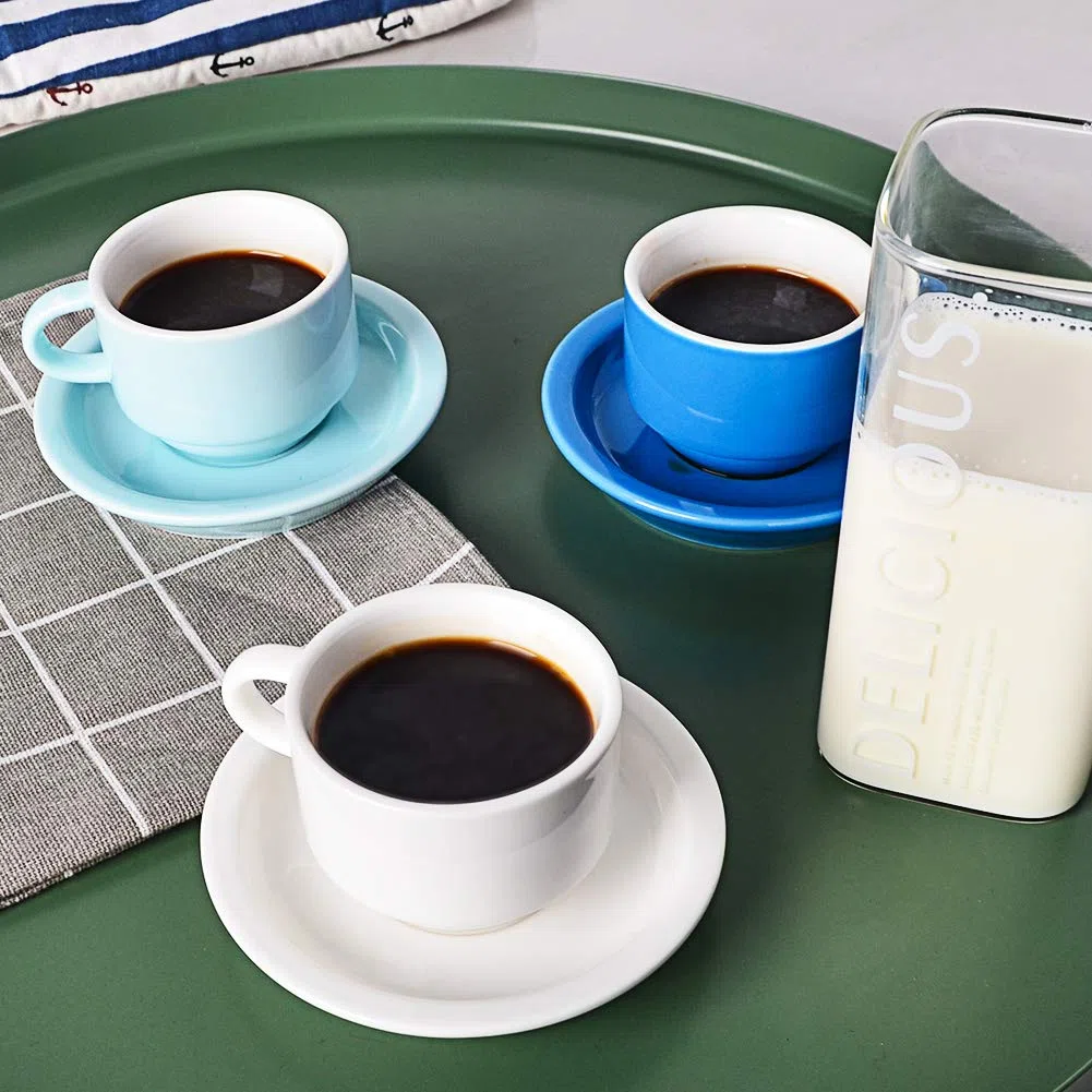Sweejar Set di 6 tazze da caffè e piattino, impilabili, in porcellana Demitasse con supporto in metallo, 70 ml, per latte, caffè, cappuccino, tè bianco