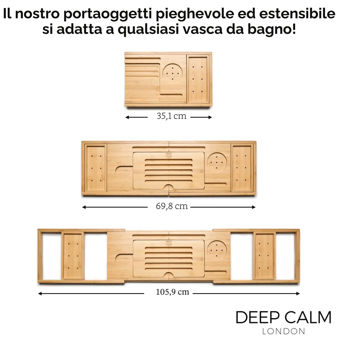 Deep Calm Vassoio vasca da bagno, in bambù, antiscivolo, si adatta alla maggior parte delle dimensioni del bagno, accessorio da bagno di lusso che può contenere iPad, telefono, bicchiere, candela