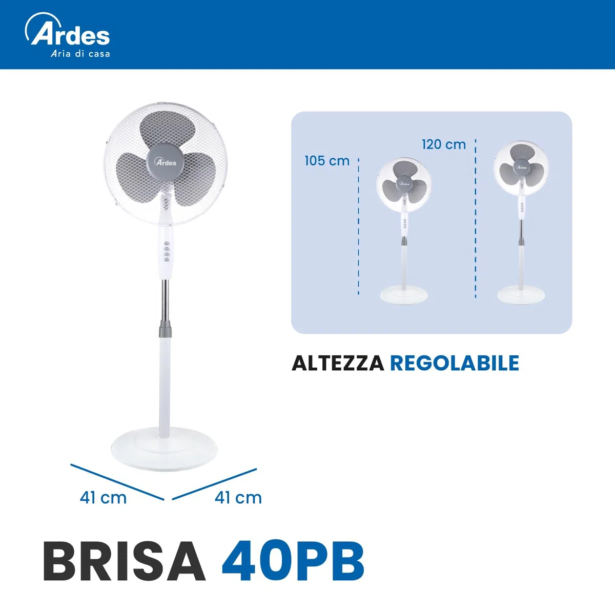 ARDES - AR5BR40PB Ventilatore a Piantana Silenzioso 3 Pale BRISA 40PB - Ventilatore Ardes Piantana Oscillante e Inclinabile con Pannello Manuale - Ventilatore a Stelo 3 Velocità e Altezza Regolabile